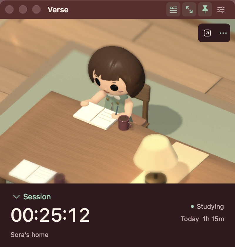 Verse’s Hearthside terminal with a character at their desk and the current session timer.